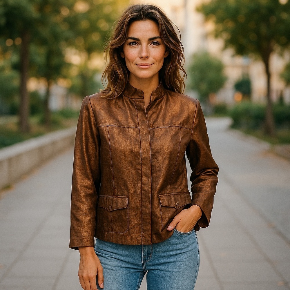 Chico’s linen & silk metallic copper button front blazer